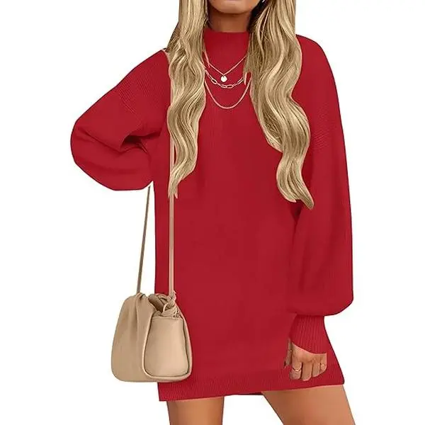 ZESICA Women's 2025 Fall Turtleneck Sweater Dress Oversized Long Lantern Sleeve Casual Knit Pullover Mini Dresses