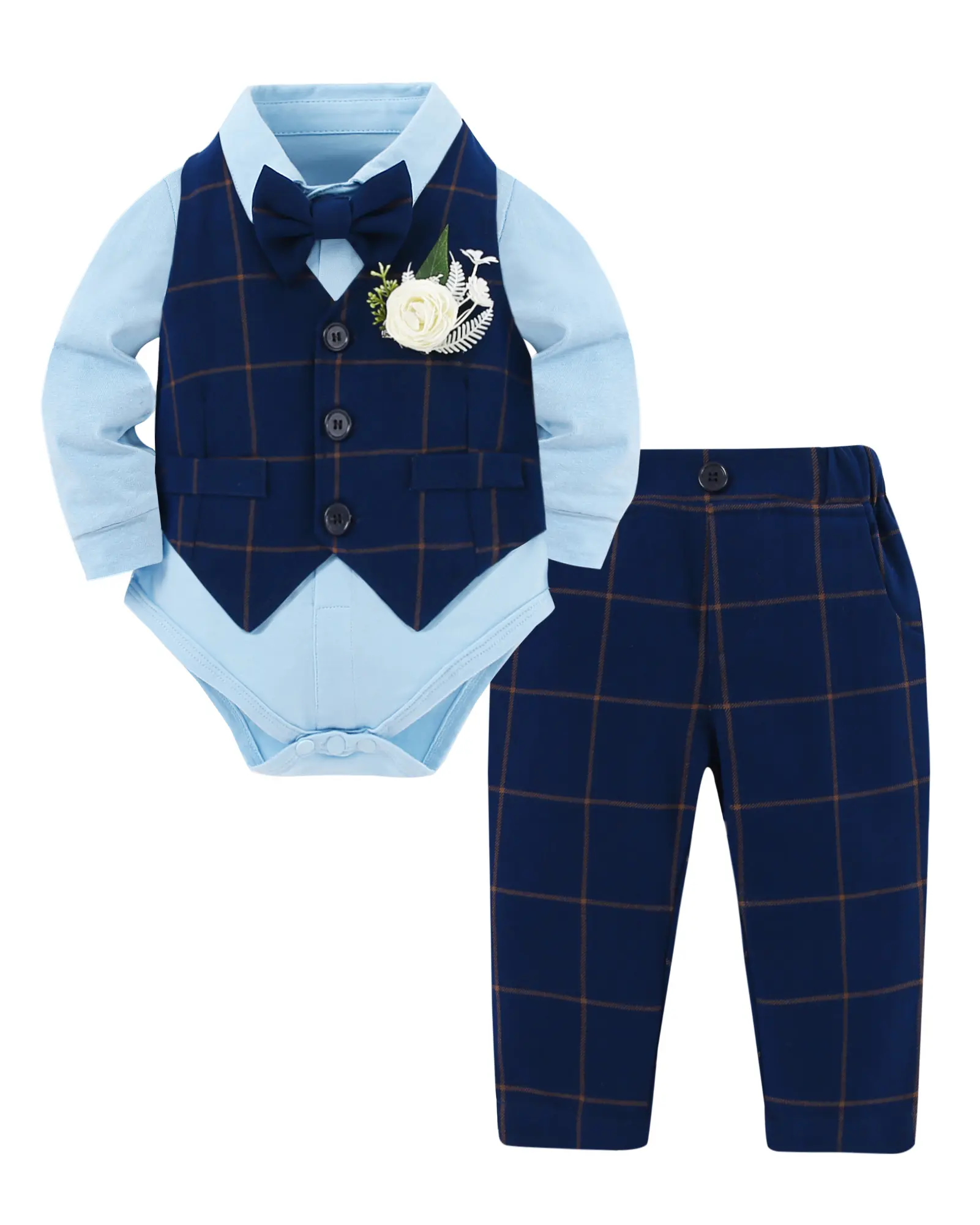 Baby Boy 5-Piece Plaid Formal Suit Set - Soft Polyester Blend, Long Sleeve Shirt, Vest, Straight Pants, Bow, Button, Corsage, Quick-Change Shirt (0-18M Sizes: 0-3M), Gentleman Look, Baptism/Birthday/Gift Sets, Kids' Formal Clothing, Birthday Set