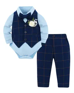 Toddler Boy Clothes Suit Gentleman Wedding Easter Formal Outfit  5Pcs Shirt+Bowtie+Vest+Corsage+Pants Plaid Suit Set 0-18M