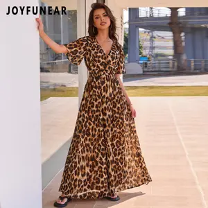 Clearance Joyfunear Women's casual Leopard Print Maxi Dress backless sexy long dress