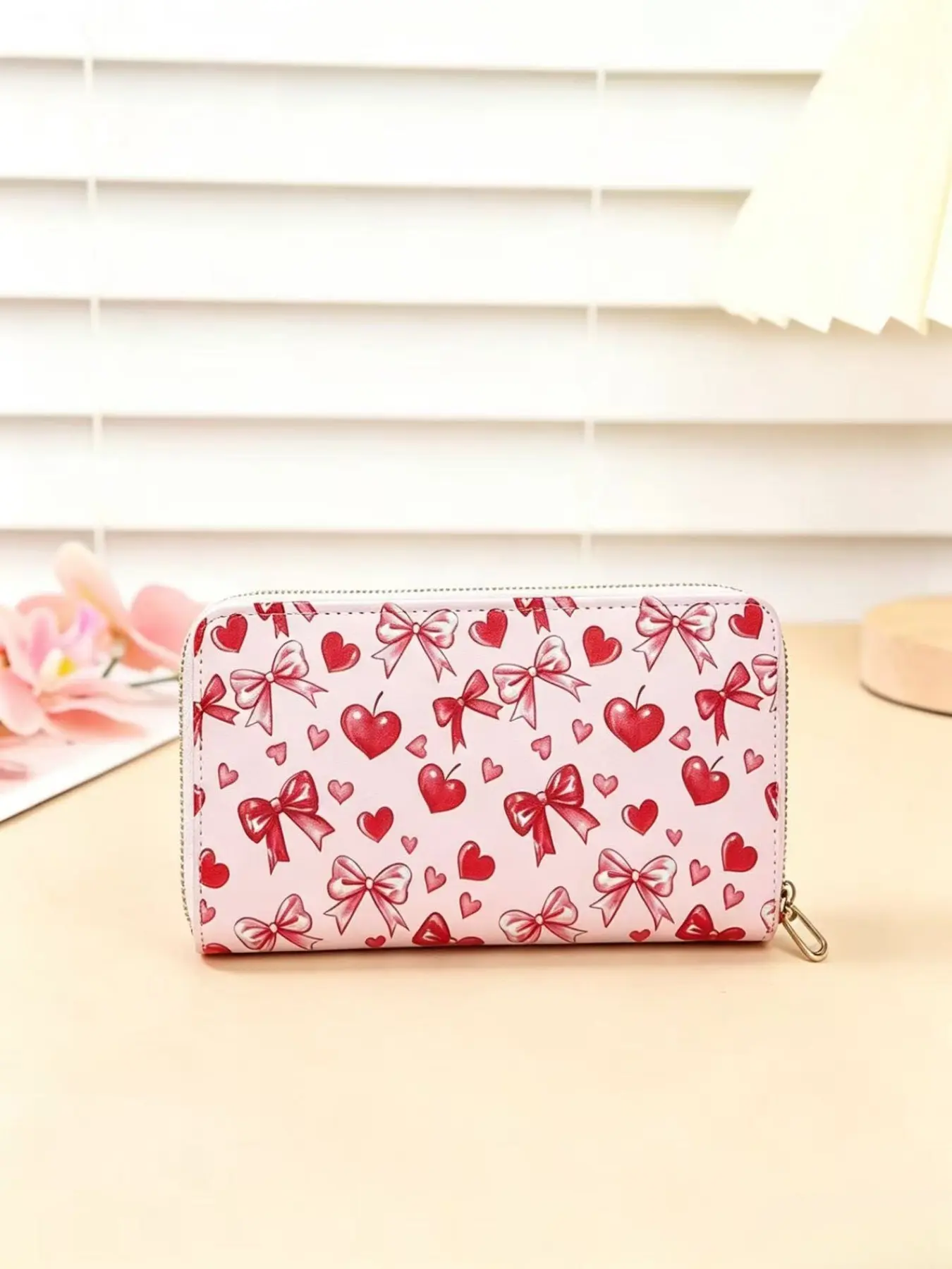 Women's Cute Bow & Heart Print Long Wallet, PU Leather Zipper Pouch Wallet Clutch Purse, Wallet With Zipper, Multi-Card Slots, Large Capacity, Coquette Style, Bow Decorated Wallets, Gift for Girls & Teens