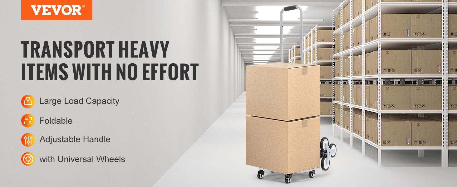 VEVOR Stair Climbing Cart,  Max. 550 lbs Load Capacity, Foldable Hand Truck with 32.3-45.7 inch Adjustable Handle Height, 4 Universal Wheels & 2 Elastic Ropes, Multipurpose Dolly for Warehouse Shopping