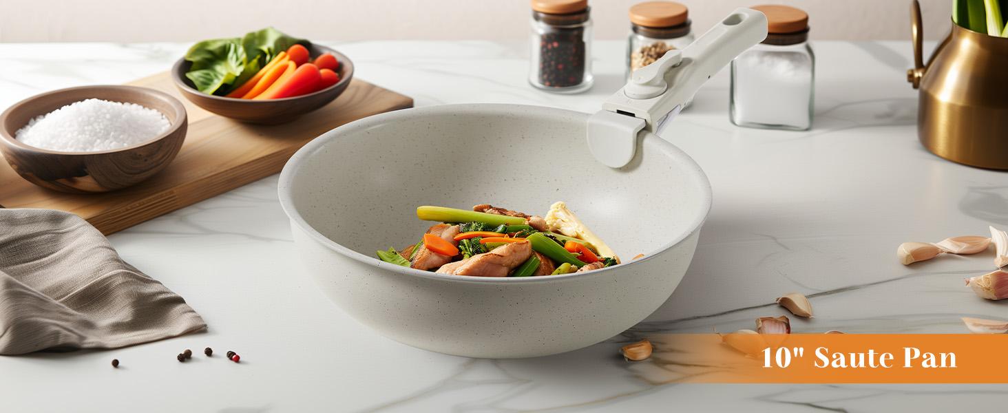 12-Pieces Nonstick Kitchen Cookware Set, 12-Piece Kitchen Supplies with Removable Handles - Ideal for Home Cooking, Cream White