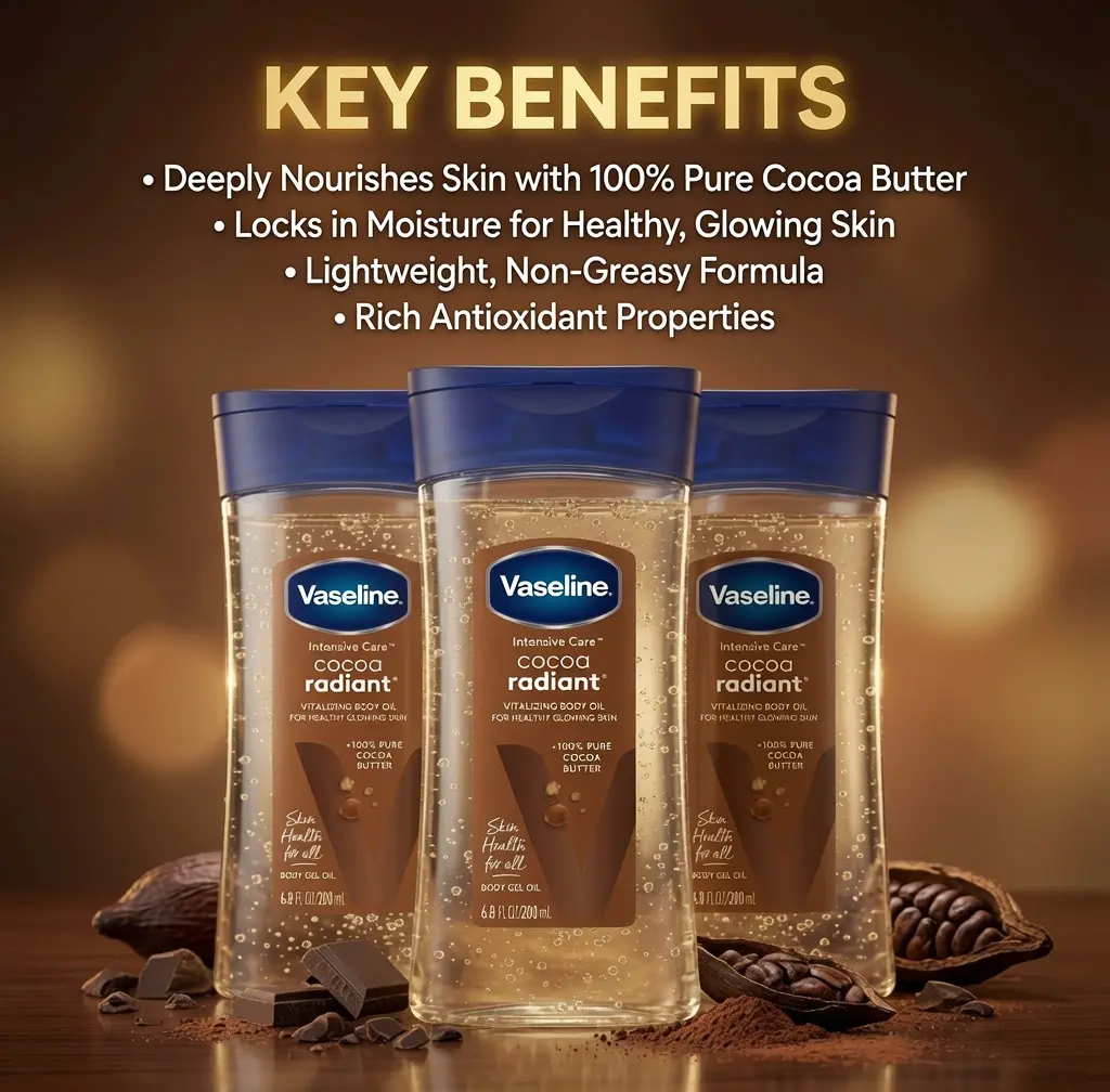 Vaseline Intensive Care Cocoa Radiant Body Gel Oil (Pack of 3, 6.8 oz Each) - Body Care Moisturizer with Pure Cocoa Butter for Glowing, Smoothing & Skin-Softening Hydration, Dye Free, Dryness, Ammonia-Free, Daily, Beauty Products