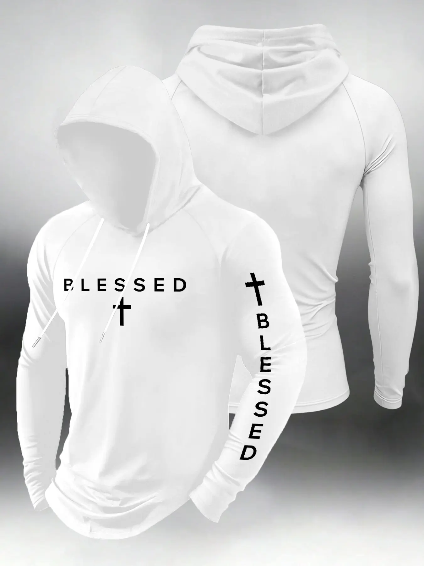 Men's "Blessed" Cross Print Slim-Fit Hoodie, Religious Faith-Based Long Sleeve Hooded Top, Urban Gym Fitness Streetwear Outfit