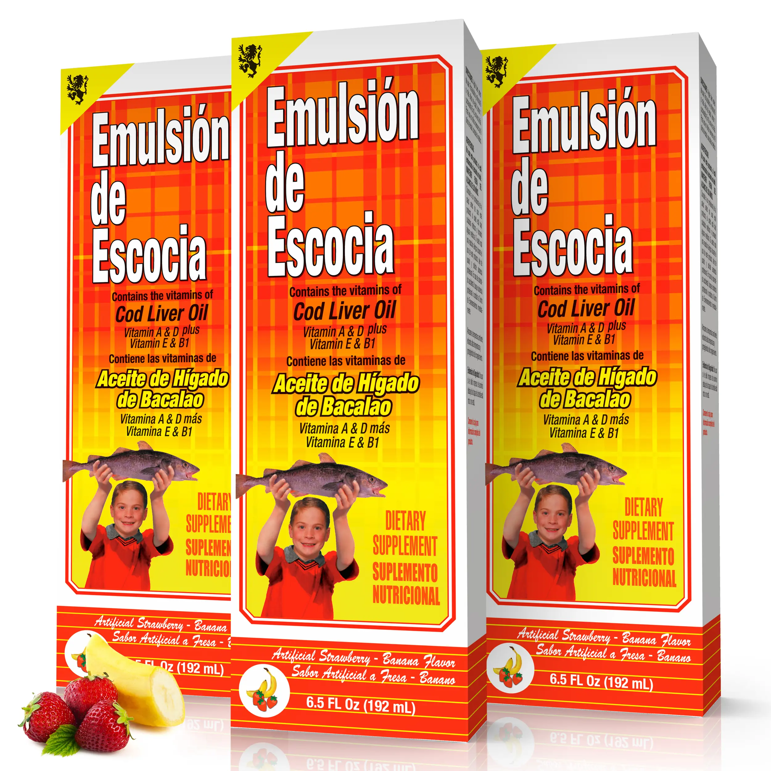 Emulsion de Escocia Natural Scottish Cod Liver Oil Daily Supplement - Vitamin-Rich, Strawberry-Banana Flavor, 3 Bottles (15.3 Fl Oz Each) - Supports Children's Development & Healthcare