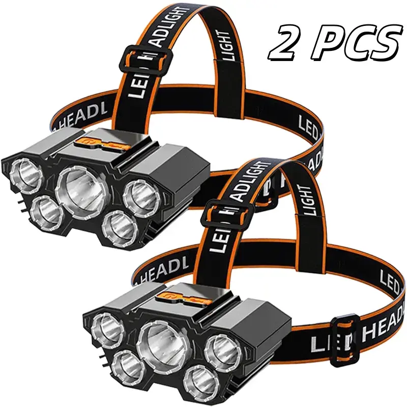 2 USB Rechargeable Waterproof Headlamps - 1 Fishing Headlamp with 5 LED Bulbs, 3 Modes, Adjustable, Suitable for Outdoor Camping, Hiking, Vehicle Maintenance Tasks (Home Supplies, Party Gifts), Usb Rechargeable Headlamp