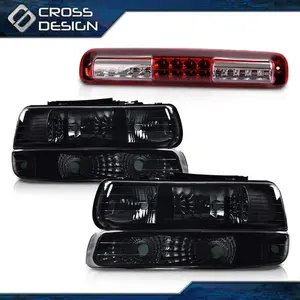 CROSSDESIGN Black Headlight & Bumper& LED 3RD Brake Cargo Light Fit For 99+ Chevy Silverado