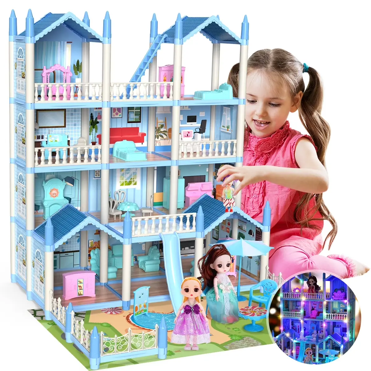 Play Dollhouse with Doll Toy Figures, 14 Rooms Furniture and Colorful Lights, Creative Doll House Gift for Girls Ages 3+, Assemble Required, Blue Doll Playsets, 26 in × 20 in × 24 in Doll House Girl Doll Kit#backtoschool #sohochic