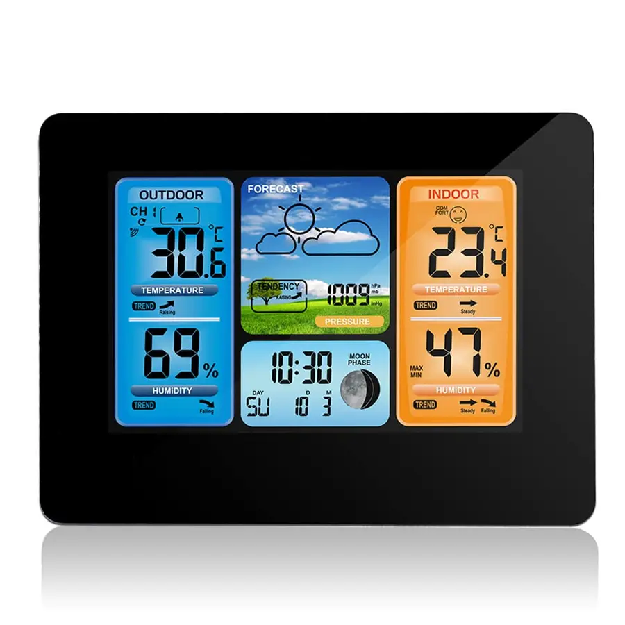 Weather Station Wireless Indoor Outdoor Thermometer, Digital Weather Thermometer with Atomic Clock, Temperature & Humidity Monitor with Calendar, Adjustable Backlight Display for Home and Daily Use