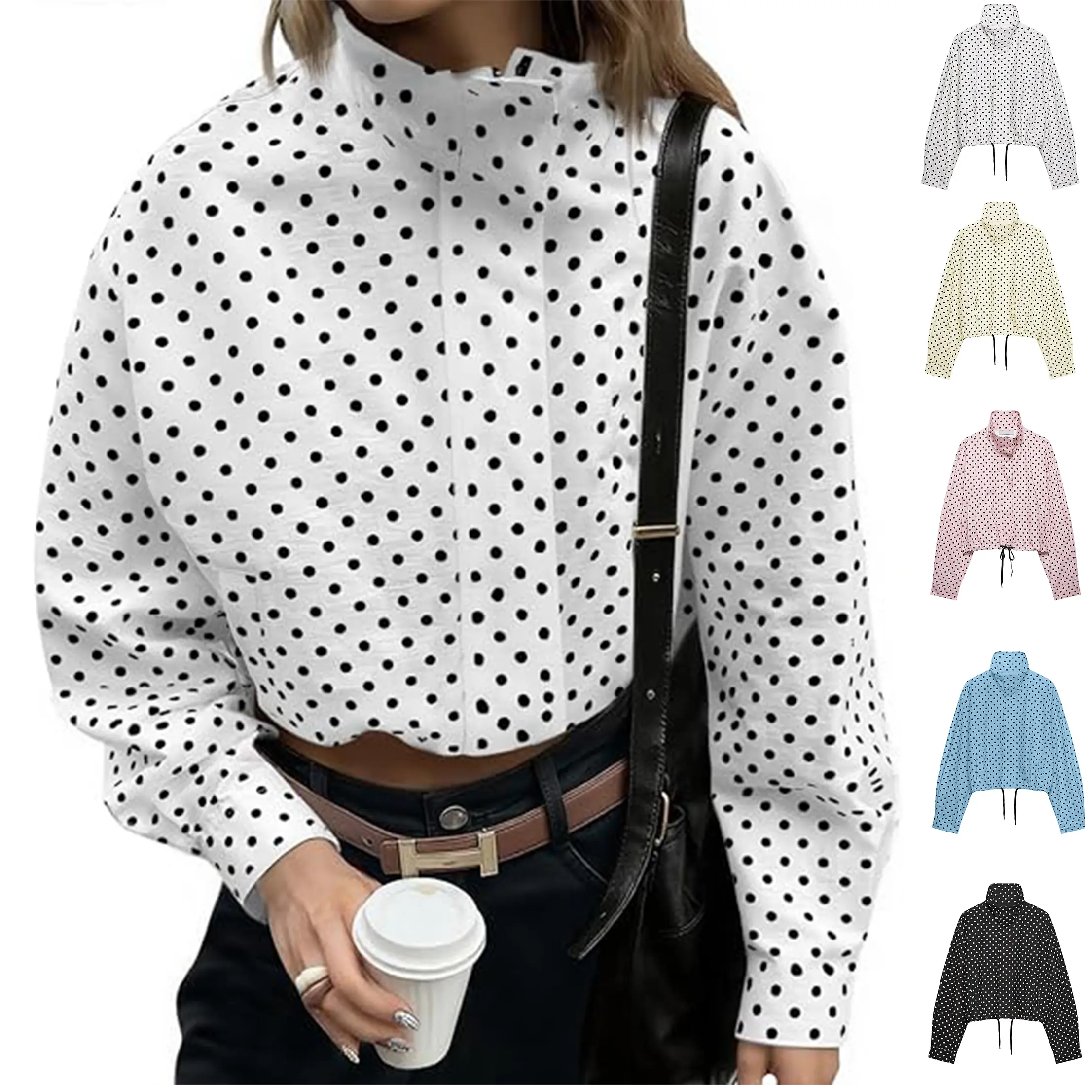 Wandal 2026 Lady's Polyester Cropped Polka Dot Full-Zip Outerwear - Stand Neck, Longsleeves, Lightweight, Regular Fit, Drawstring Hem, Pockets for Spring Fall Daily Casual Wear, Women's Jackets & Tops