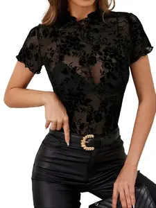 Elegant Single-Layer Wireless Mesh Small Stand Collar Flocked Printed Short-Sleeve Base Top Women'S T-Shirt