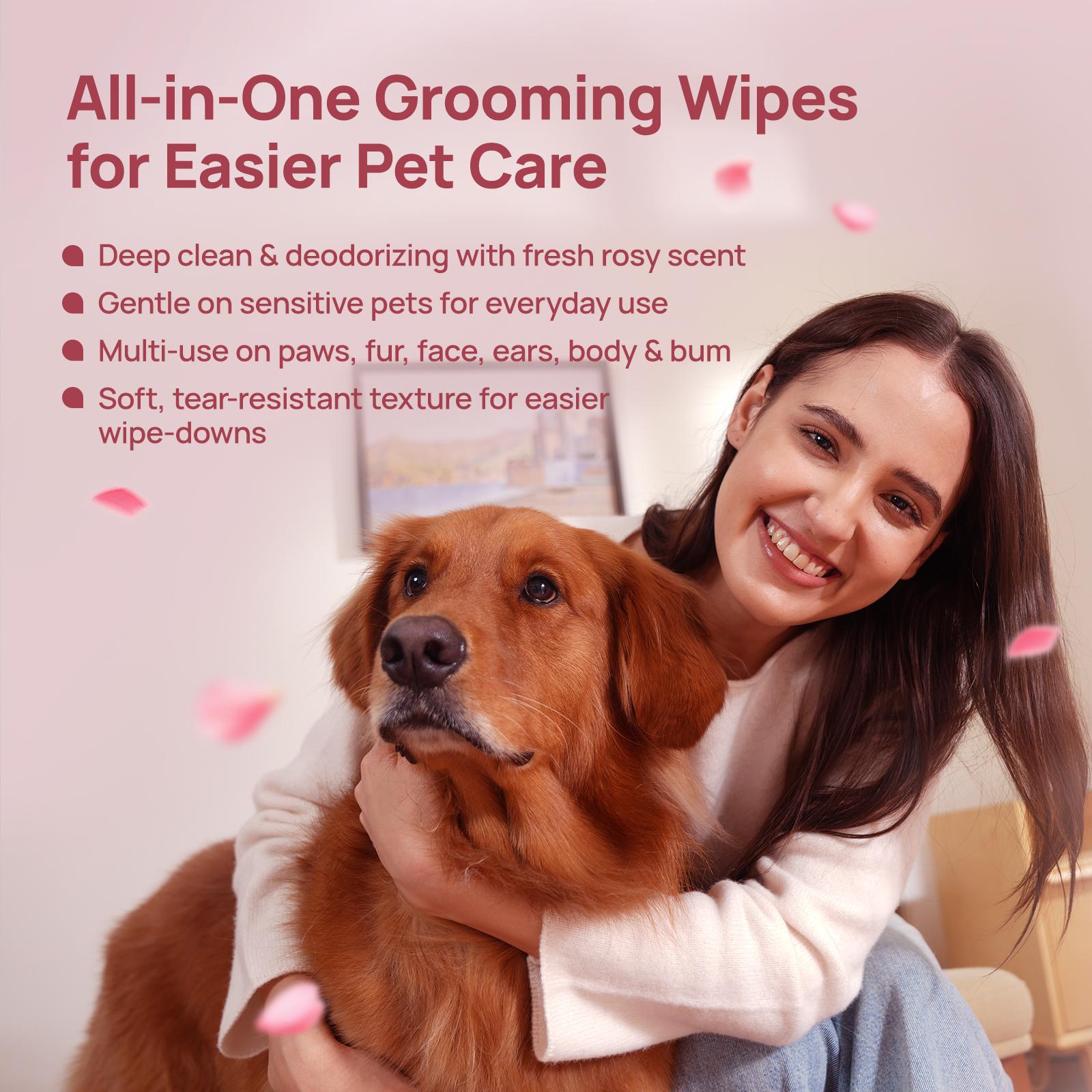 【SpringGlowUp】HICC PET Dog&Cat Moisturizing Wipes,  Plant-Based Gentle Deodorizing Nourishes Fur Rose Scent, Biodegradable Sensitive Grooming for Family Pets - Paws
