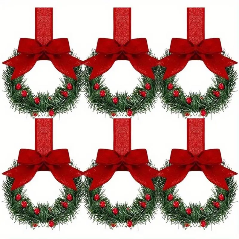 6pcs/12pcs/18pcs Christmas Kitchen Cabinet Mini Wreath Hanging Ornaments withBows and Berries, Mini Christmas Wreath Small Kitchen ChristmasDecorations, Artificial Hanging Wreath forWindow/Cabinet/Chair/Door/Stairs, Decorative Ornament