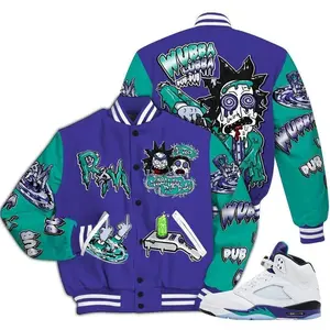 AJ 5 Retro Grape 5s Match Varsity Jacket Wubba Rick Drip Letterman High-Grade Polyester Custom Baseball Jacket with Snap Closure & Elastic Details