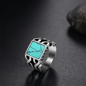 Men's Stainless Steel Turquoise Statement Ring | Square Inlay & Openwork Band | Western-Inspired Design for Everyday Wear Dainty Stacking Rings Moissanite Ring Band