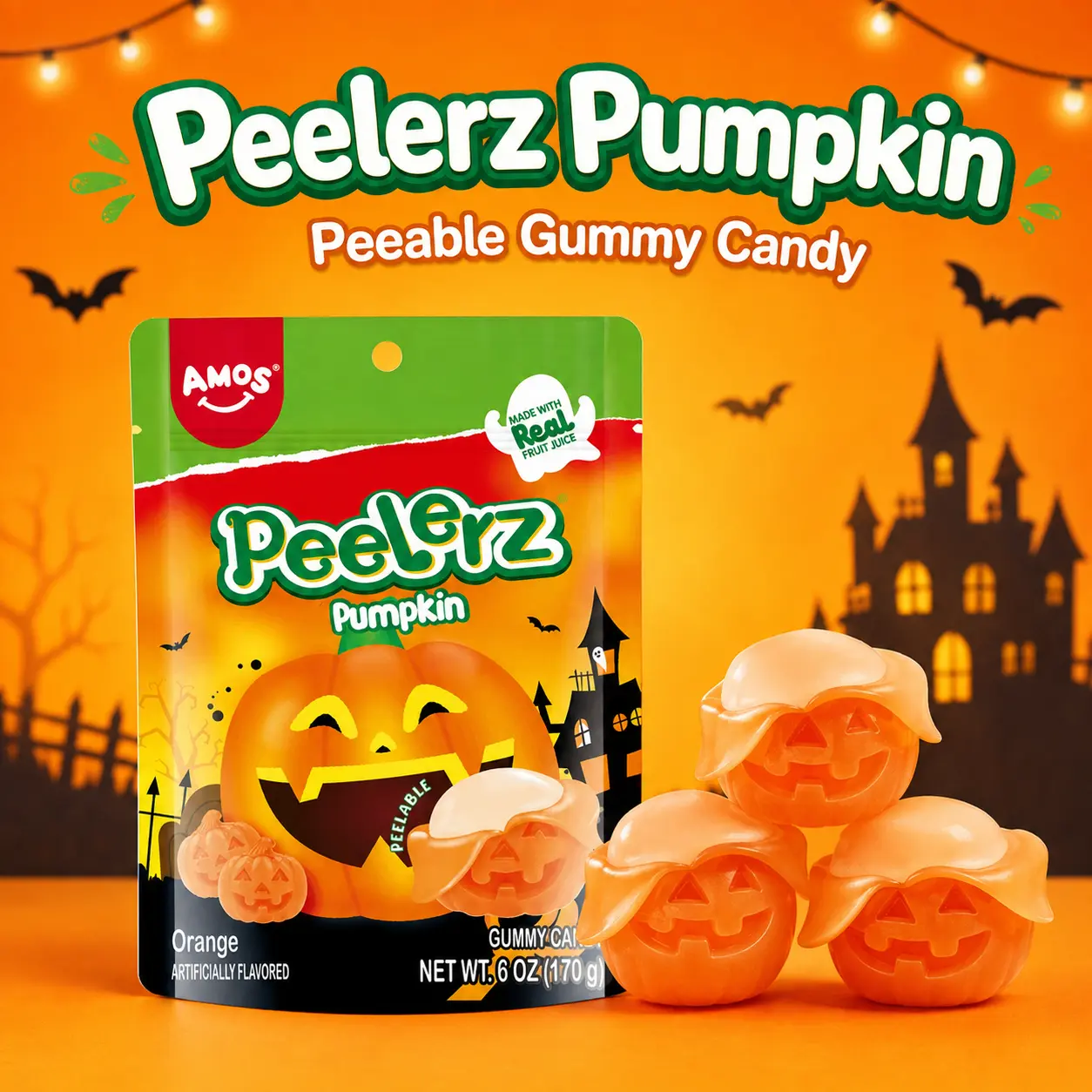 Amos Peelerz Gummy Pumpkins 6 oz Bag - Chewy Outer Layer & Orange-Creamsicle Flavor - Perfect for Halloween candy Party Favors & Trick-or-Treating  Peelable Fruit Flavored Gummy