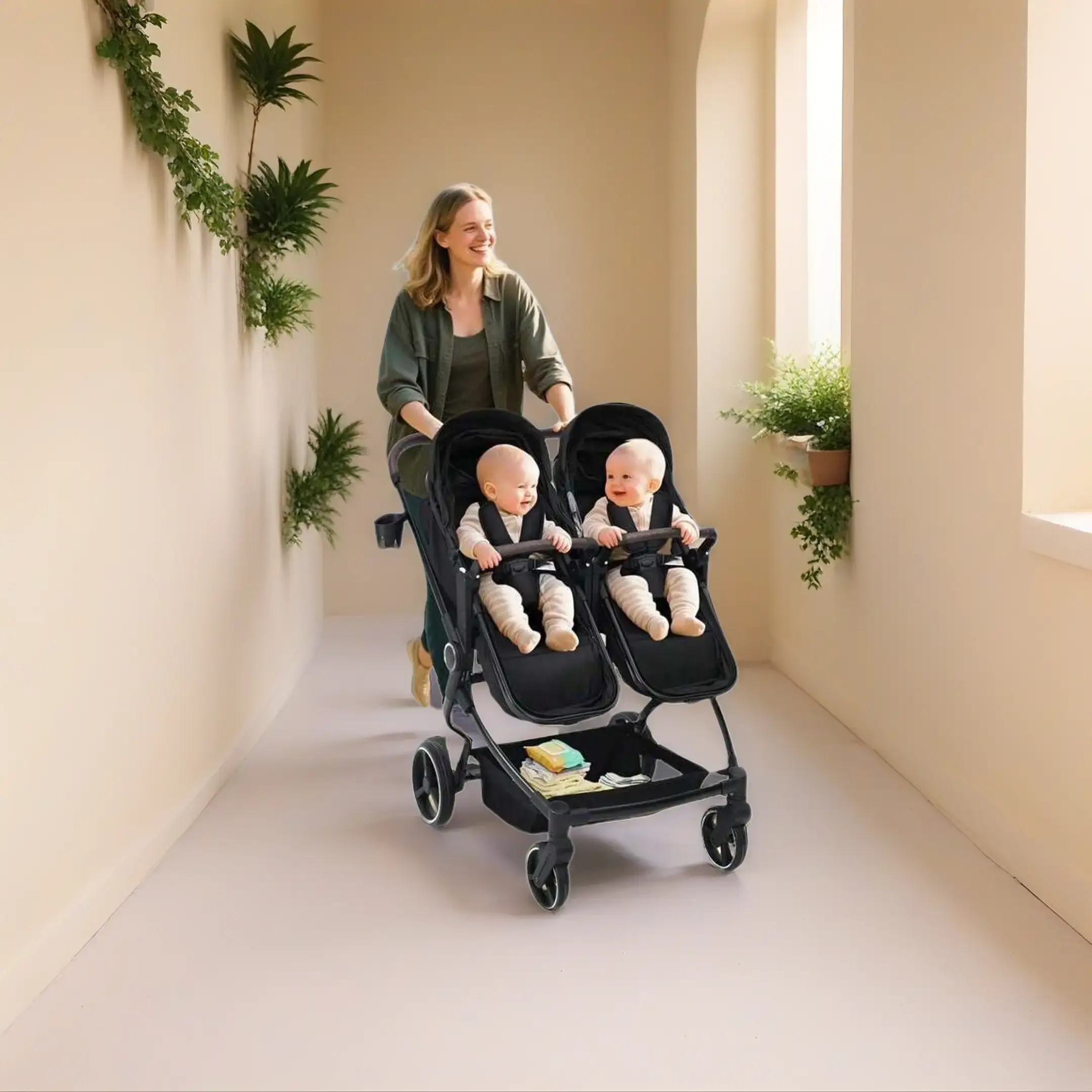 Side by Side Double Twin Stroller - Lightweight Foldable Traveling Stroller, Folding Pushchair with High-Landscape Seats, Adjustable Canopy, Multi-Position Recline, Large Storage Basket for Infants & Toddlers