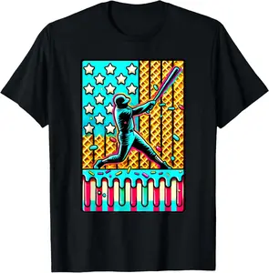 Ice Cream Drip Baseball Stuff Drip for Boys American Flag T-Shirt - Crewneck Men Women Youth Boys Girl T-shirt Cotton Fabric
