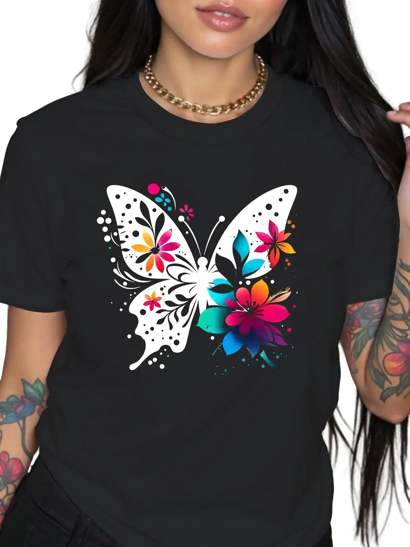 Women's Comfortable 100% Cotton T-Shirt - Bold Flower & Butterfly Print, Round Neck Short Sleeve Fabric Top with Flattering Fit for Casual Wear, Multiple Sizes & Styles Available, Tshirt