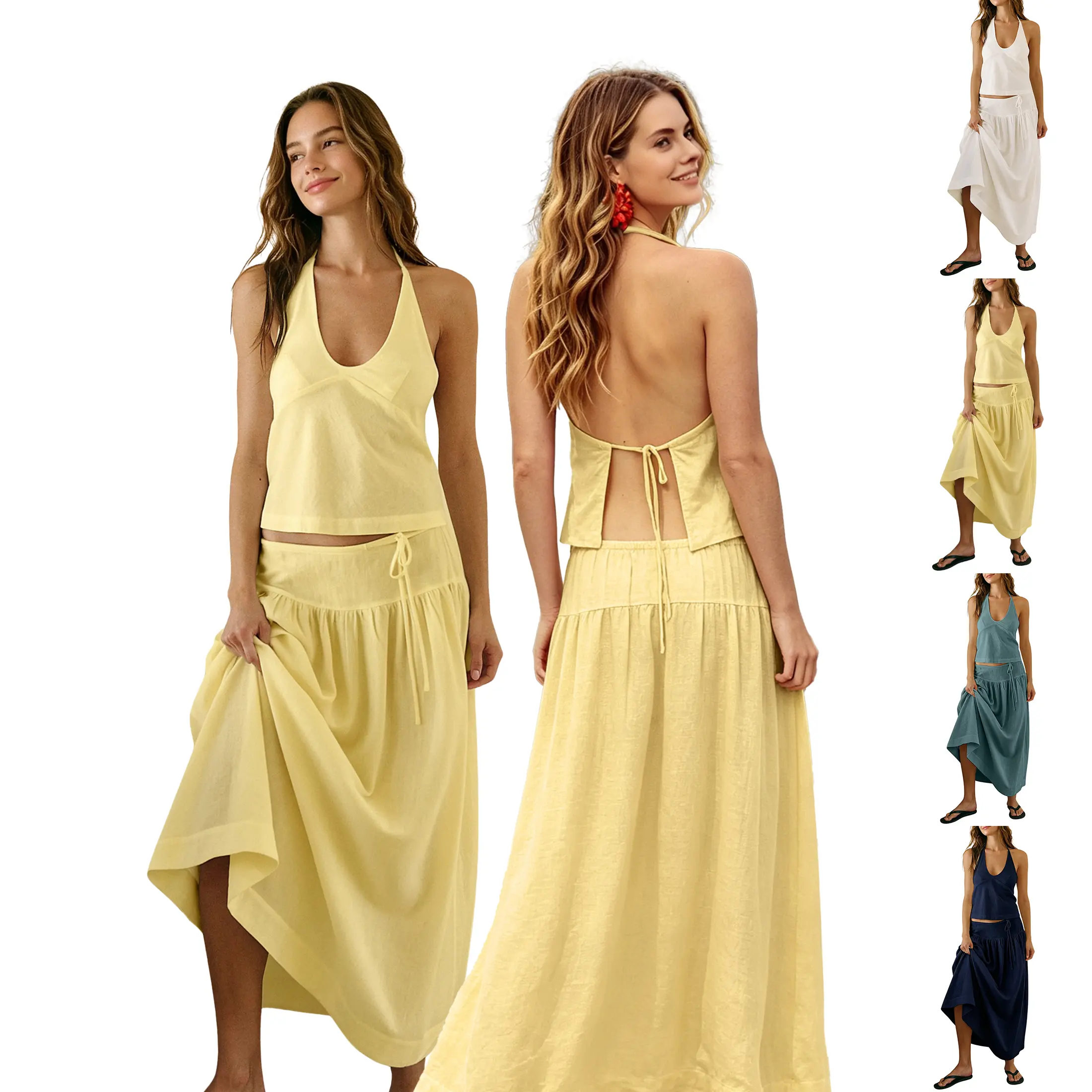 Wandal Women Halter Tie Back Two Piece Maxi Skirt Set V Neck Crop Top Elastic Waist Flowy A Line Skirt Lightweight Resort Party Matching Outfit
