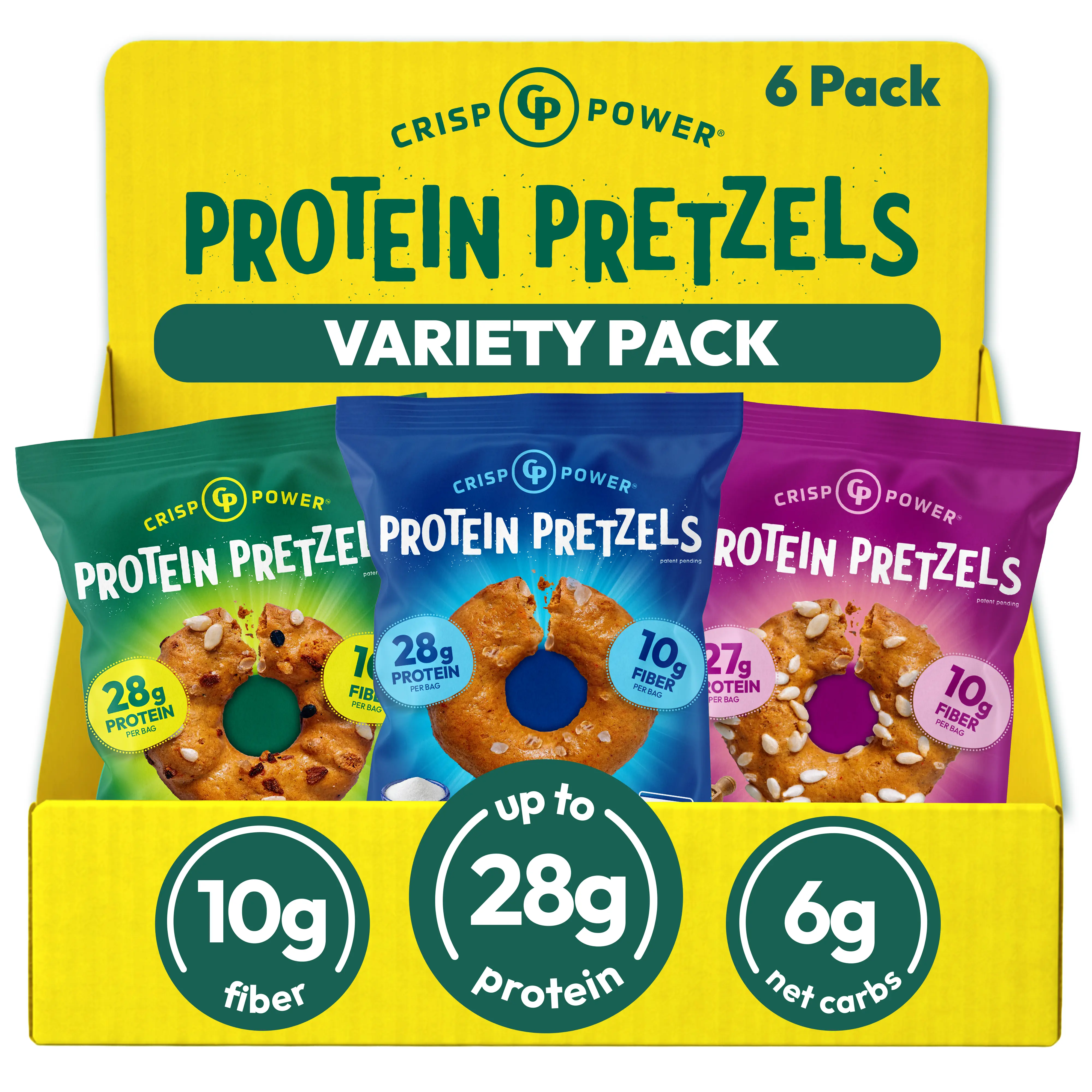 CRISP POWER Protein Pretzels, 28g Protein, High Protein, High Fiber, 6g Net Carbs or Less,  Healthy Pretzels, Crispy, Savory, Crunchy Pretzel Snacks, No Added Sugar, 1.75 oz Bags, 6 Pack
