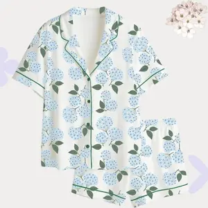 Blue Hydrangea Print Pajama Set, Summer Pjs for Women, Floral Lounge Set with Green Piping, Botanical Sleepwear, Bridesmaid Gift #pajamas
