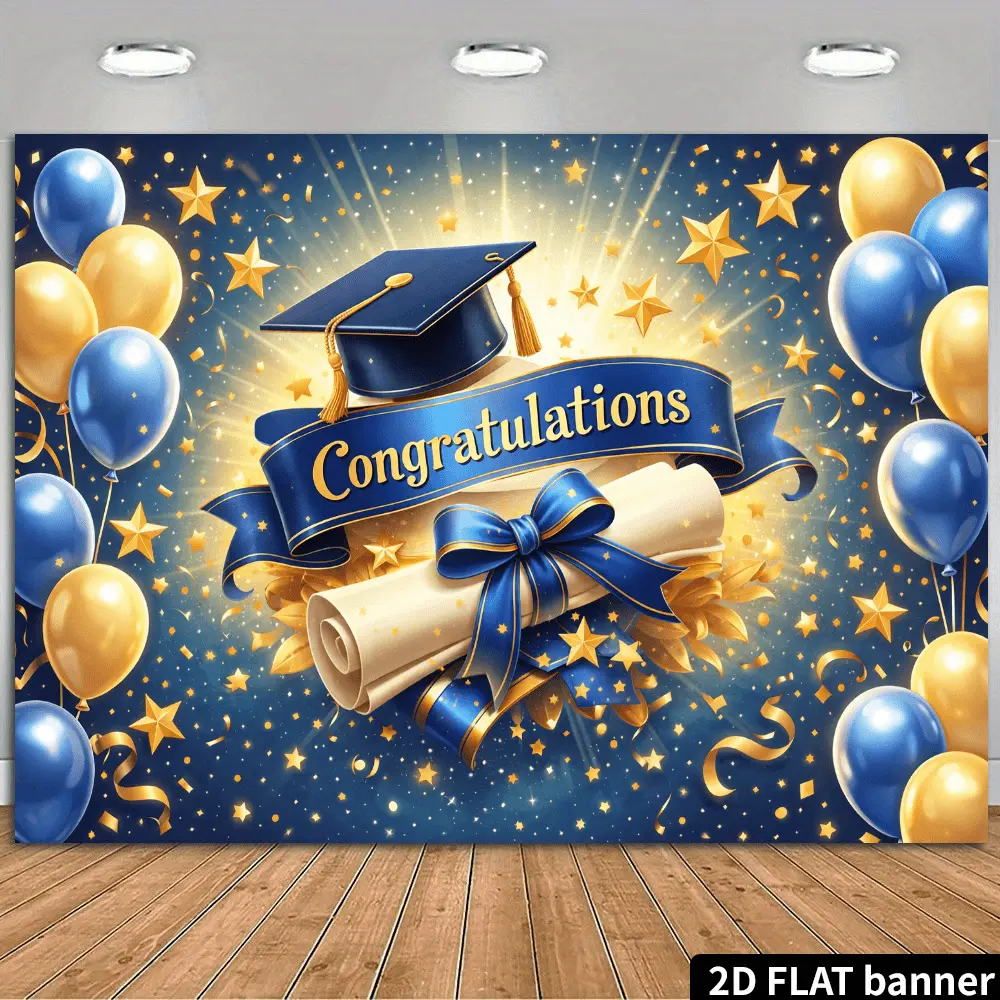 1PC,2D Flat Backdrop Graduation Party Decor Backdrop, Graduation Celebration Banner with Grad Cap, Diploma, Balloons, Stars, Perfect for Graduation Ceremony, Party Decoration, Photo Background