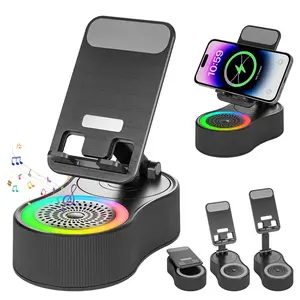 Elevate your desk aesthetic!  This sleek black 3-in-1 stand with RGB speaker is chic decor. Adjustable phone holder, foldable design, crisp sound—perfect minimalist statement for a stylish workspace!