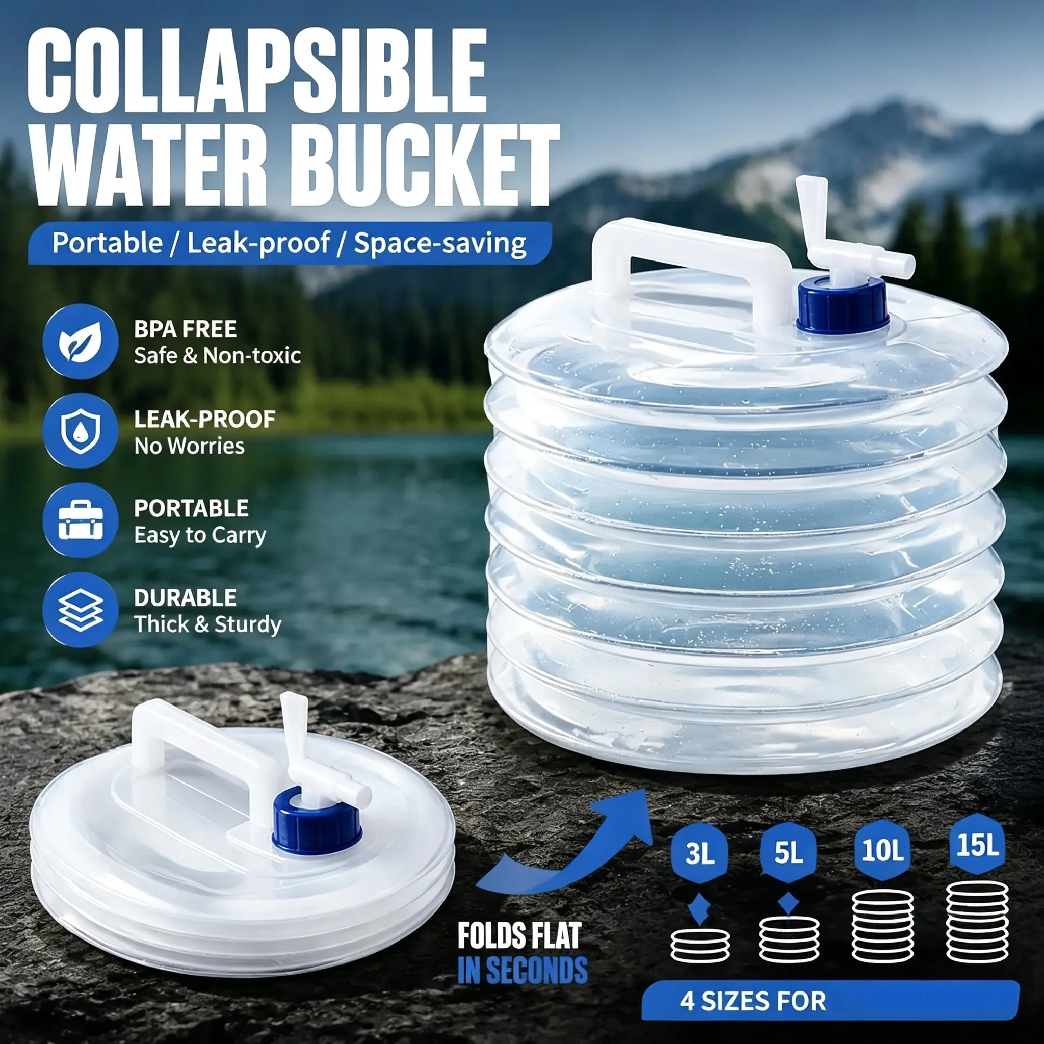Collapsible Large-Cap Water Bucket with Handle, Portable Camping Storage Container, Space-Saving Home Organizer for Hiking, Outdoor Adventures
