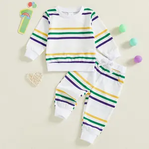 Global Baby 2026 Boys Suit New Style Baby Bear Sweatshirt Two-Piece Spring Autumn Leisure Sports Trendy Toddler Baby Mardi Gras Outfit Contrast Striped Long Sleeve Sweatshirt and Joggers