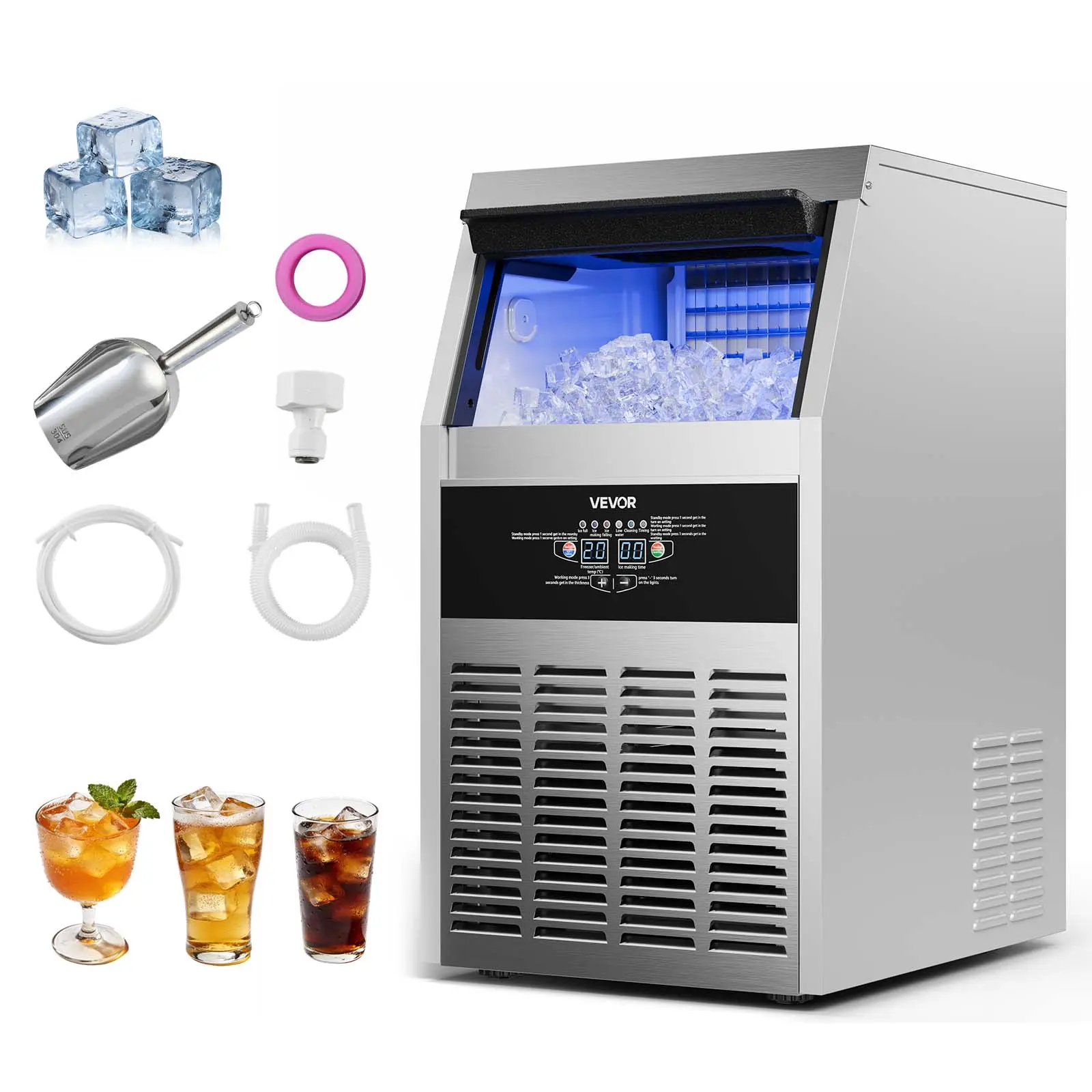 VEVOR Commercial Ice Cube Maker Machine, 160 lbs/24h (720+ Drinks/Day) with 30 lbs Large Bin Storage, Built-in/Freestanding/Under Counter Stainless Steel Unit, LED Display, Self-Cleaning, Adjustable Ice Thickness for Home Bar Restaurant, 720+ Drinks Per D