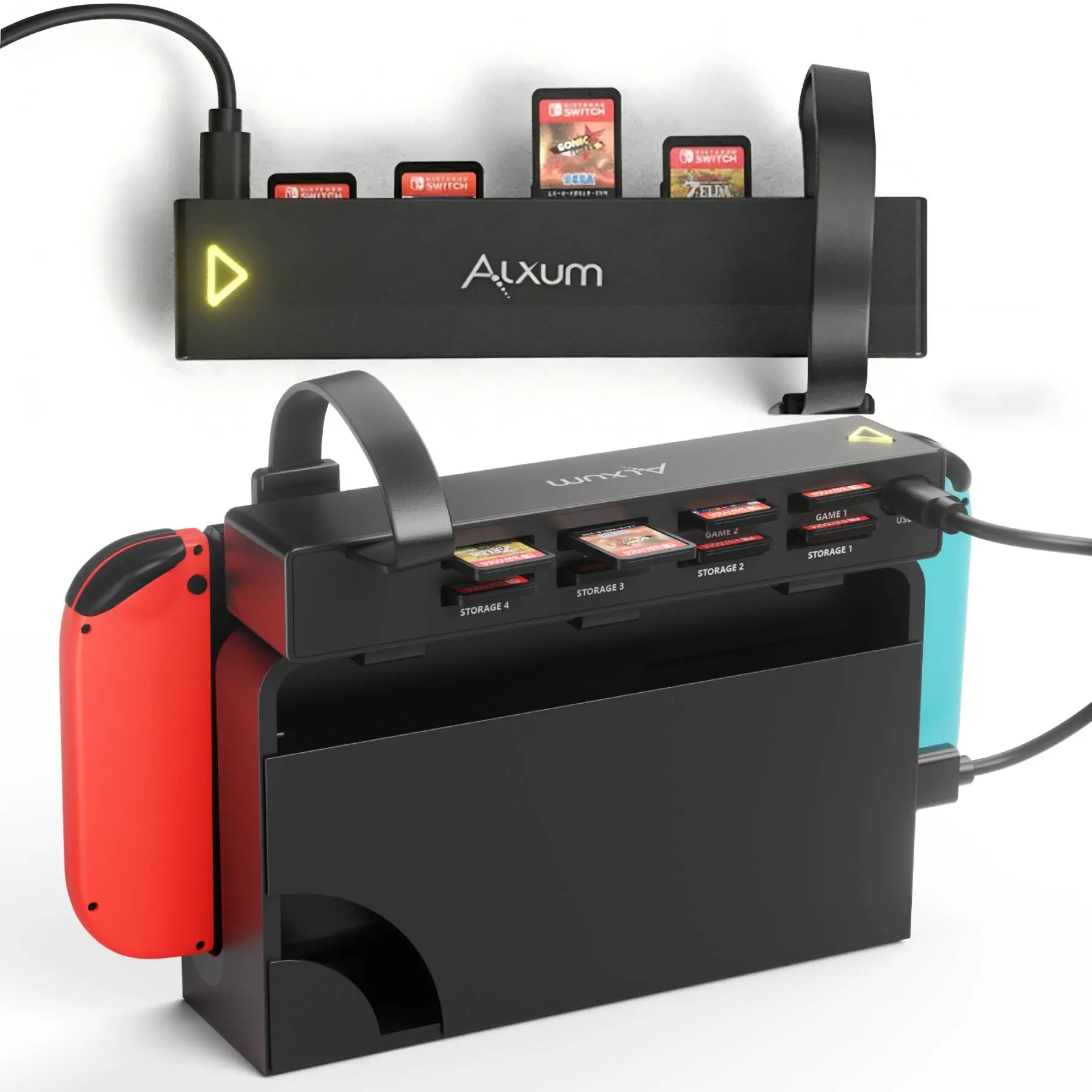 Alxum Switch Game Card Reader for Nintendo Consoles - 1-Click Swap, USB-C Input Hub, USB-Powered, Anti-Slip & Anti-Scratch Clips, Easy Installation, Spring-Loaded Locking Slots, LED Switch Button, Comfortable, All Ages Gaming Accessory (Black)