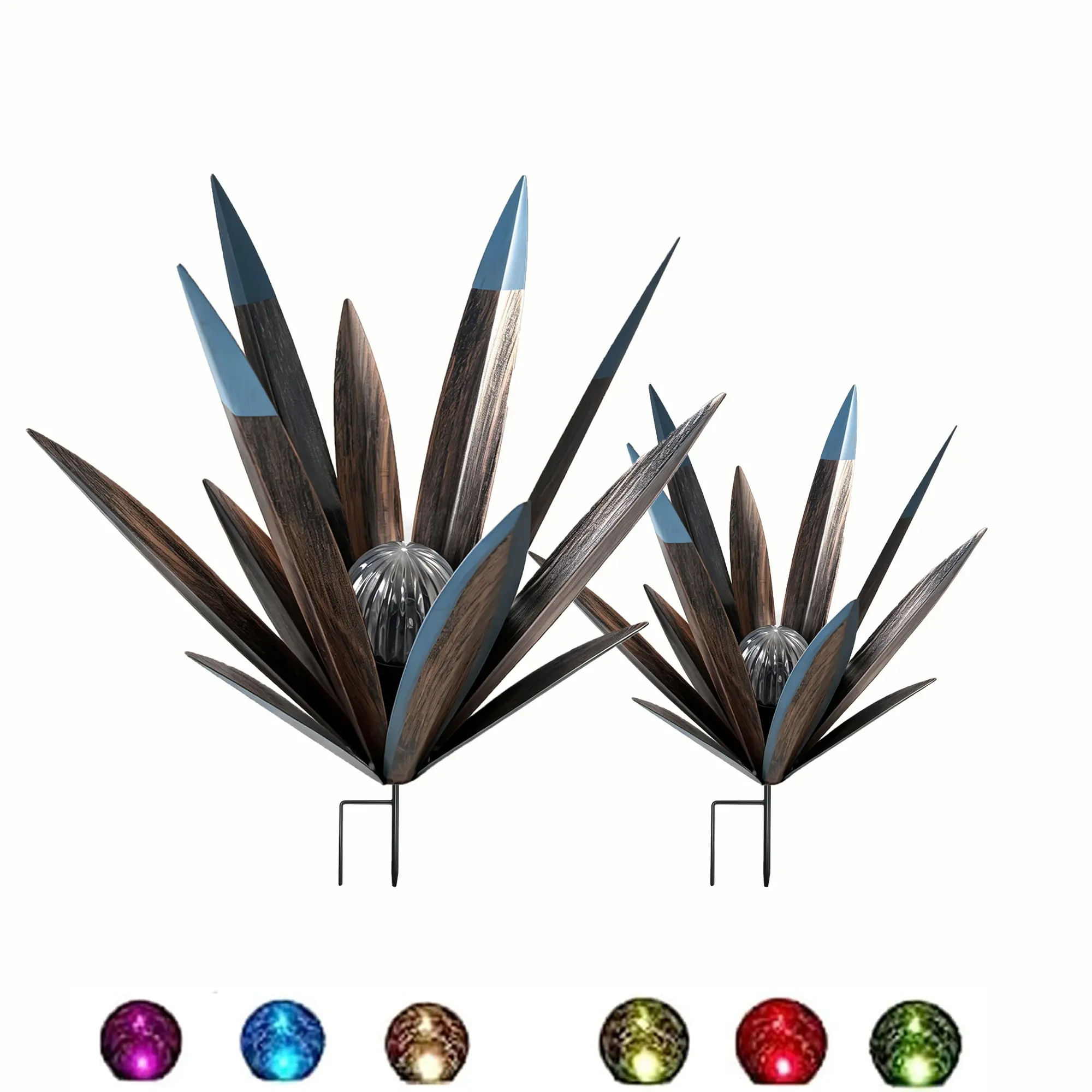 2-Pack Modern Metal Agave Plant Garden Art Stakes with Solar-Powered LED Lights, Solar Outdoor Lights, Rustic Tequila Sculpture, Patio Lawn Home Ornaments