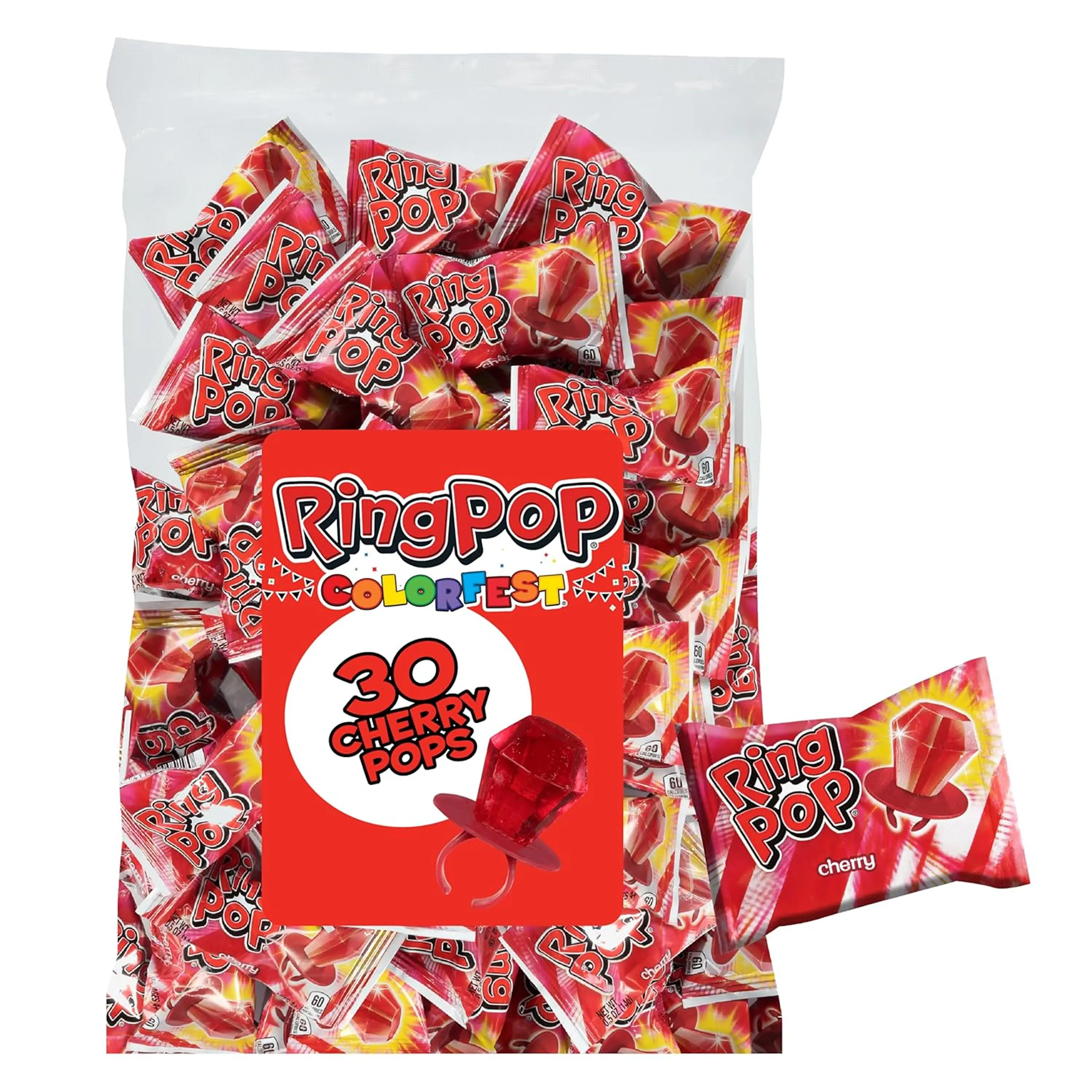 Ring Pop Red Cherry Flavor Sugar-Based Lollipop - Individually Wrapped Colorful Candies, 30-Count Bulk Candy Pack for Parties, Birthdays