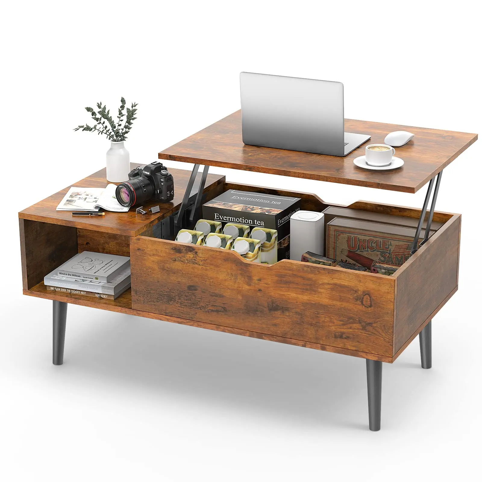 Wooden Center Table, Fluted Lift Top Coffee Table with Hidden Compartment, Modern Lift Tabletop for Home Living Room Office,dorm essentials,home decor