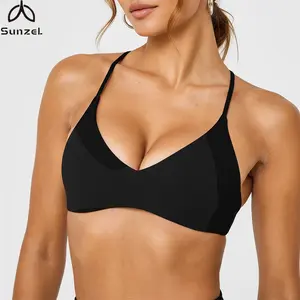 Sunzel Cross Back Sports Bra for Women - Wireless Strappy Bralette with Removable Padded Naked Feeling Workout Tops