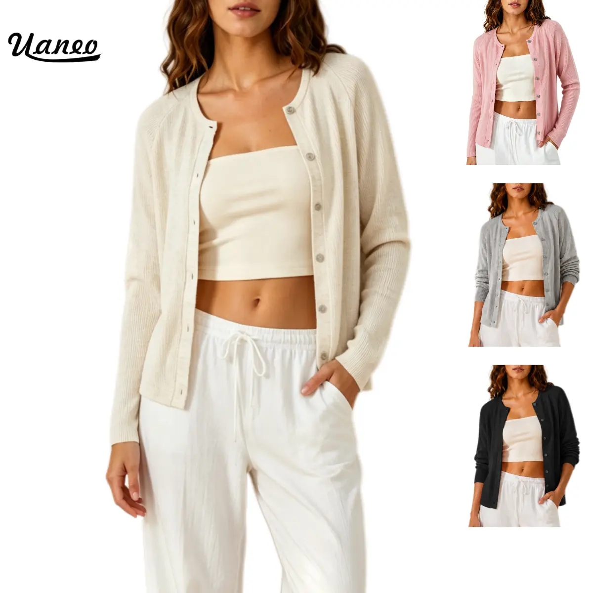 UANEO Women's Long Sleeve Lightweight Knit Cardigan Sweater Crew Neck Soft Ribbed Button Down Fitted Breathable Top for Casual Office Spring Summer Layering