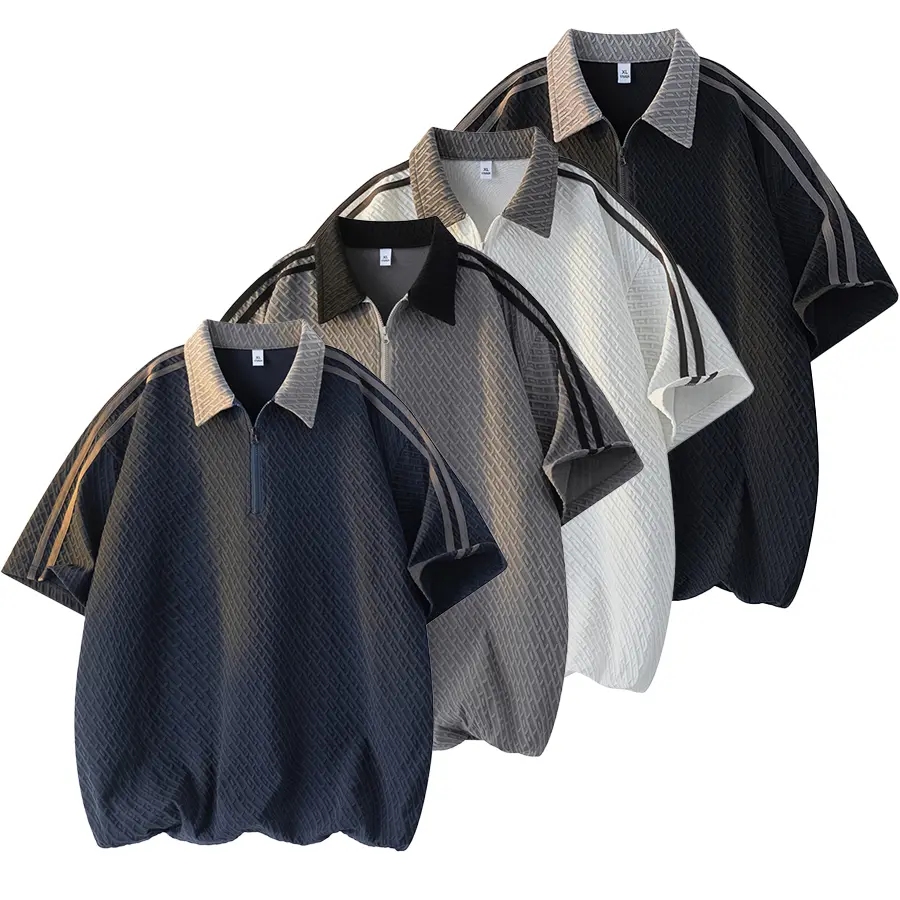 Men’s fashion casual short sleeves with a half-zip design; regular fit, solid color, basic style, street style, versatile for outdoor wear and streetwear., Plain