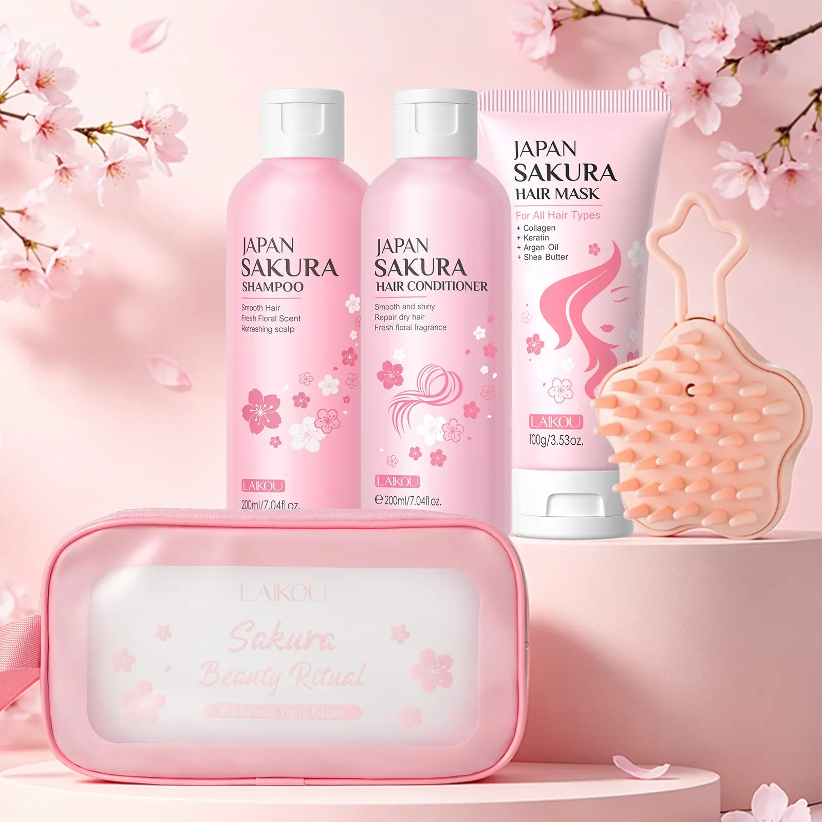 LAIKOU Japan Sakura Hydrating Nourishing Shampoo and Conditioner Set with Hair Mask, Sweet Floral Fragrance Hair Glow Kit, Lightweight Hydration Haircare for All Hair Types, Nourishing Scalp Set, Ideal Gift for Women 3-in-1 Bundle