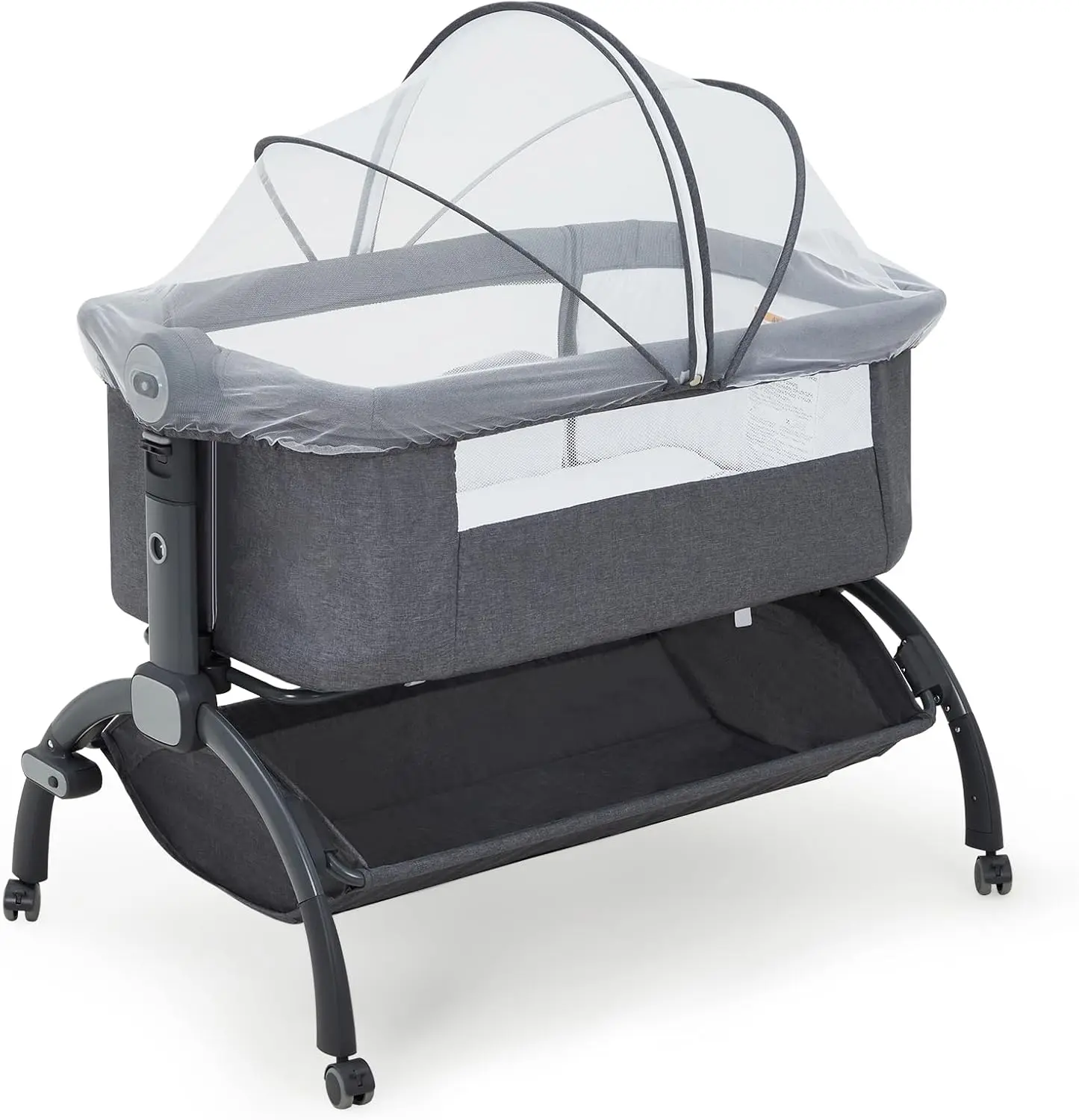 GAOMON 3-in-1 Portable Bassinet Crib for Newborns & Infants (3-6 Months) - Adjustable Height Bedside Sleeper, Mesh Mosquito Net, Storage Basket, Waterproof Mattress Cover, Locking Wheels, 1-Step Compact Fold