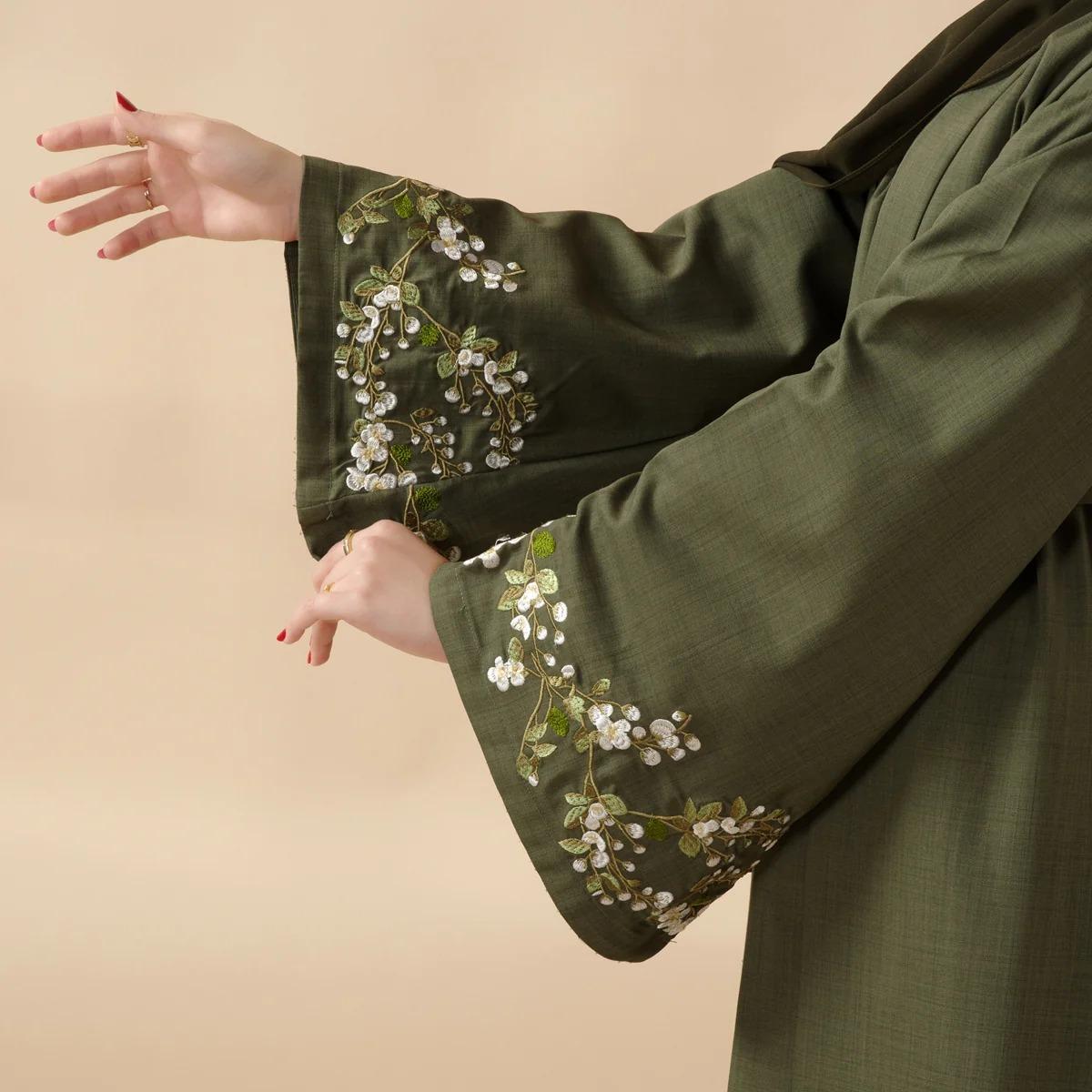 Olive Branch Embroidered Linen Abaya Set | 4-Piece Handmade Design | Jasmine & abaya coats | Symbol of Peace & Resilience | Includes Open Abaya, Inner Dress, Hijab, Belt | Modest Fashion | Full-Length, Wide Sleeves | Perfect for Weddings elega