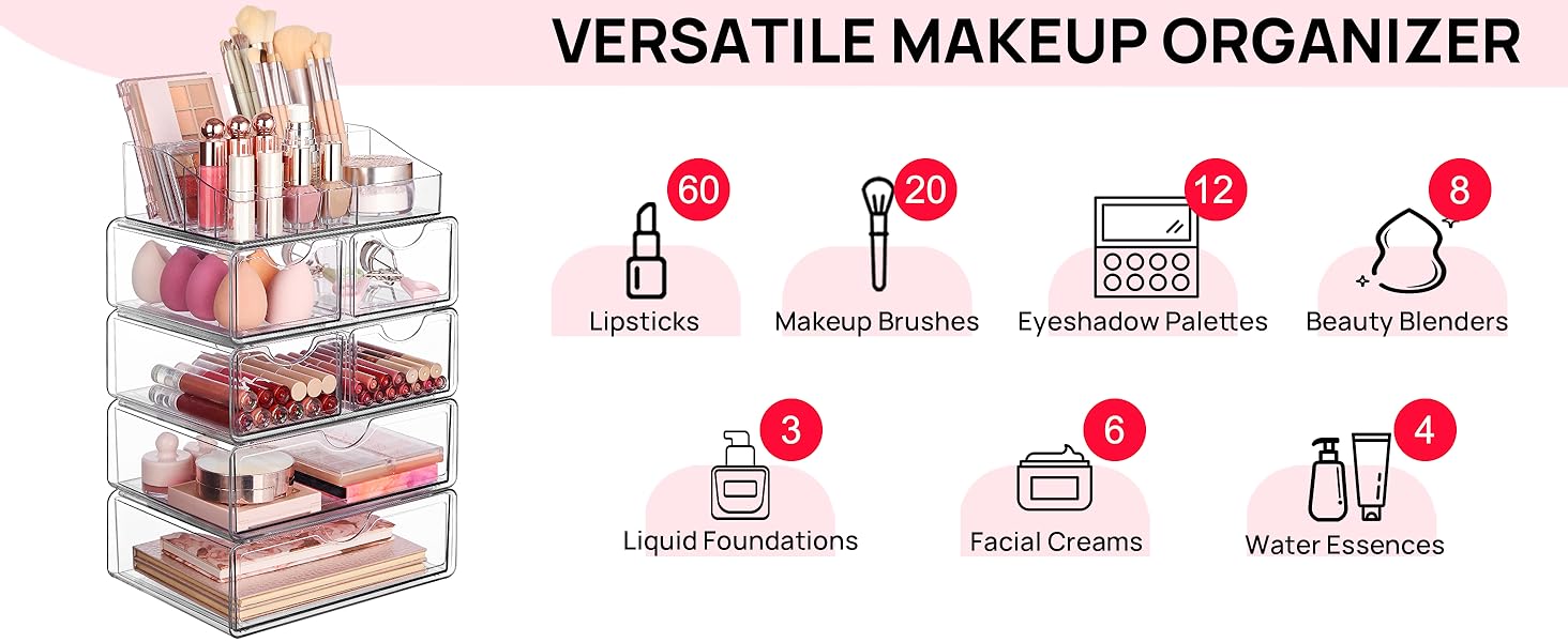 【Live Only】Vtopmart 2 Pack Clear Makeup Organizer with Drawer for Dresser, Counter-top & Bathroom Vanity Cosmetic Storage for Lipstick Brush Skincare Organizing Tools Boxes