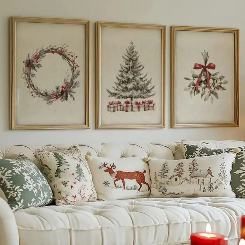 Vintage Christmas Gallery Art Posters - Frame-Ready Graphic Wall Decor Prints, Set of 3 with Flowers & Wood Accents, Festive Home Decor for Kid Room, Bedroom, Classroom