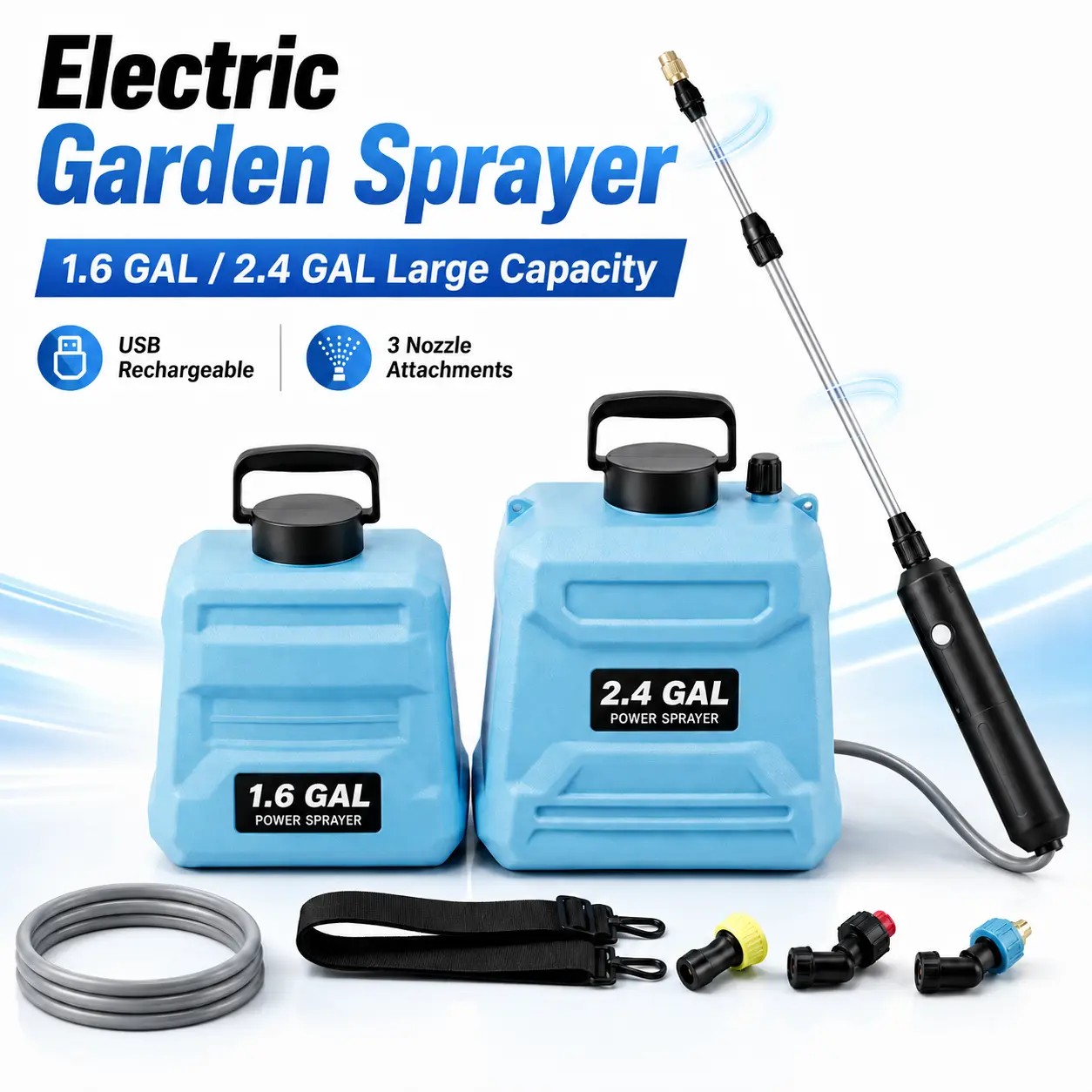 Cordless Lithium-Ion Electric Garden Sprayer with Built-In Cells, 1.6/2.4 Gal Large Capacity, USB-Rechargeable Handle, 3 Spray Nozzles, Adjustable Wand, Shoulder Strap for Plant Watering, Cordless Sprayer Attachment Watering Equipment, Lawns