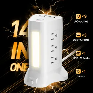 14 IN 1 Power Strip with Overload Protection Featuring 9 AC Outlets 4 USB Ports (including 1 Type-C Port) A Flat Plug 1 Night Light And 1 Independent Switch Suitable for Home Workshop School Travel And Other Scenarios