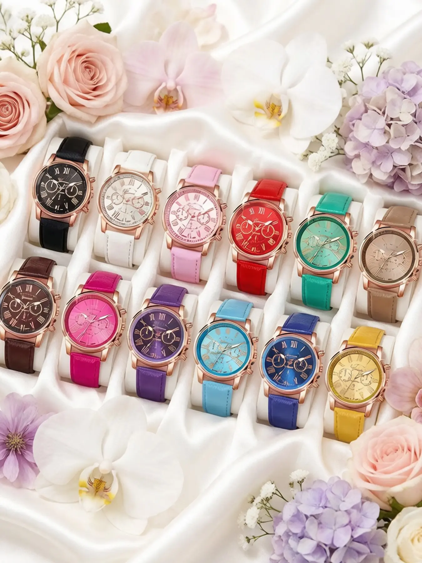 12-Piece Women's Quartz Watch Set, Fashion Round Dial, Elegant Leather Strap, Versatile Casual and Business Style