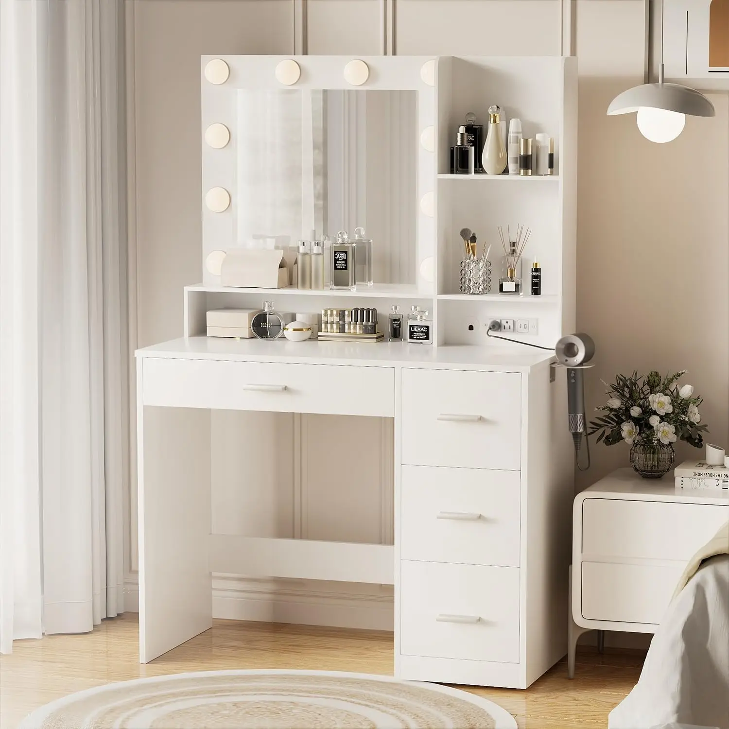 Furmax Modern Engineered Wood Makeup Vanity Table, LED Lighted Multi-Light Mirror Vanity with 3-Color Hollywood Mirror, Power Outlet, 4 Drawers, Led Vanity Table