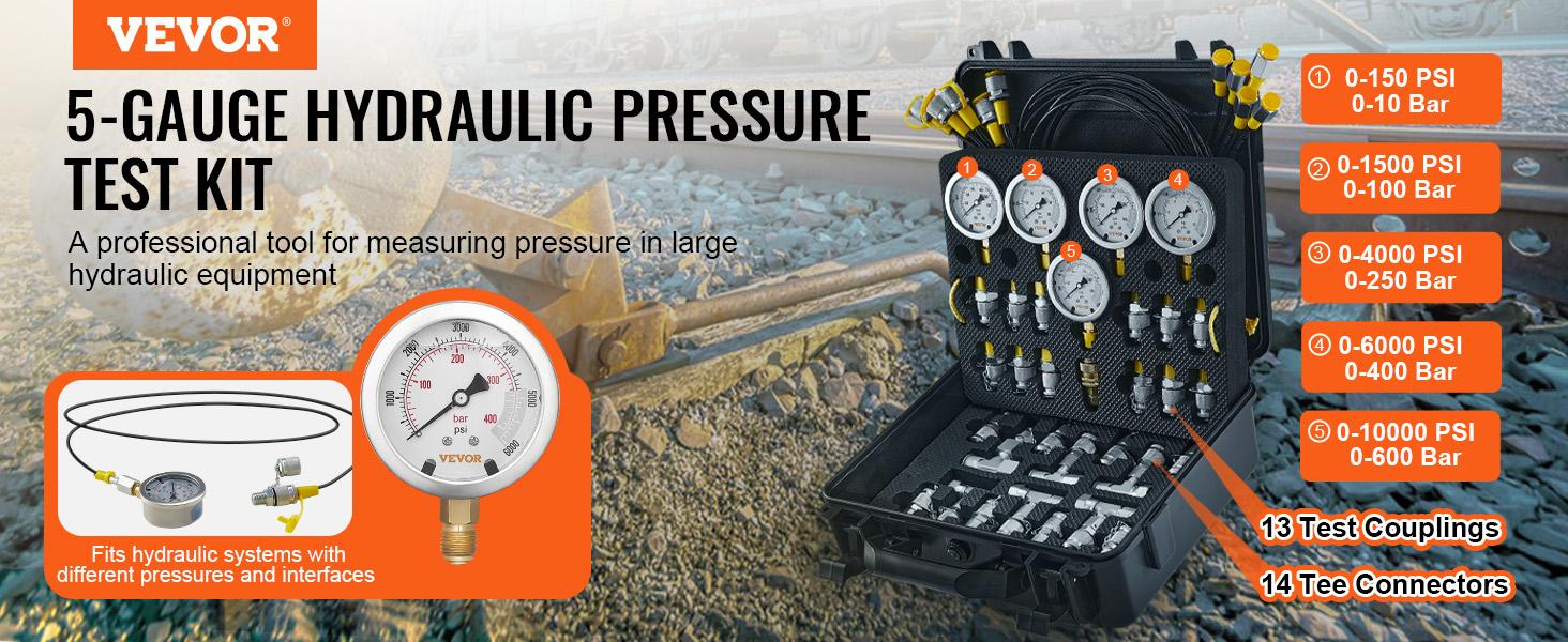 VEVOR Hydraulic Pressure Test Kit, 10/100/250/400/600bar, 5 Gauges 13 Couplings 14 Tee Connectors 5 Test Hoses, Excavator Hydraulic Test Gauge Set with Carrying Case for Excavator Tractors Machinery