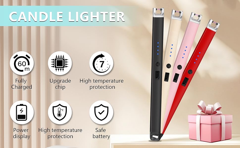 Electric Lighter, Rechargeable Lighter with Battery Indicator Light and Safety Switch, Electric Candle Lighters for Scented Candles,Barbecues, Camping, Holiday Parties